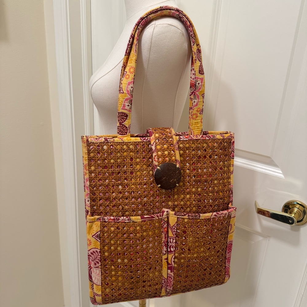 VERA BRADLEY Bali Gold Tiki Tote Bag Purse Woven Wood Rattan Wicker